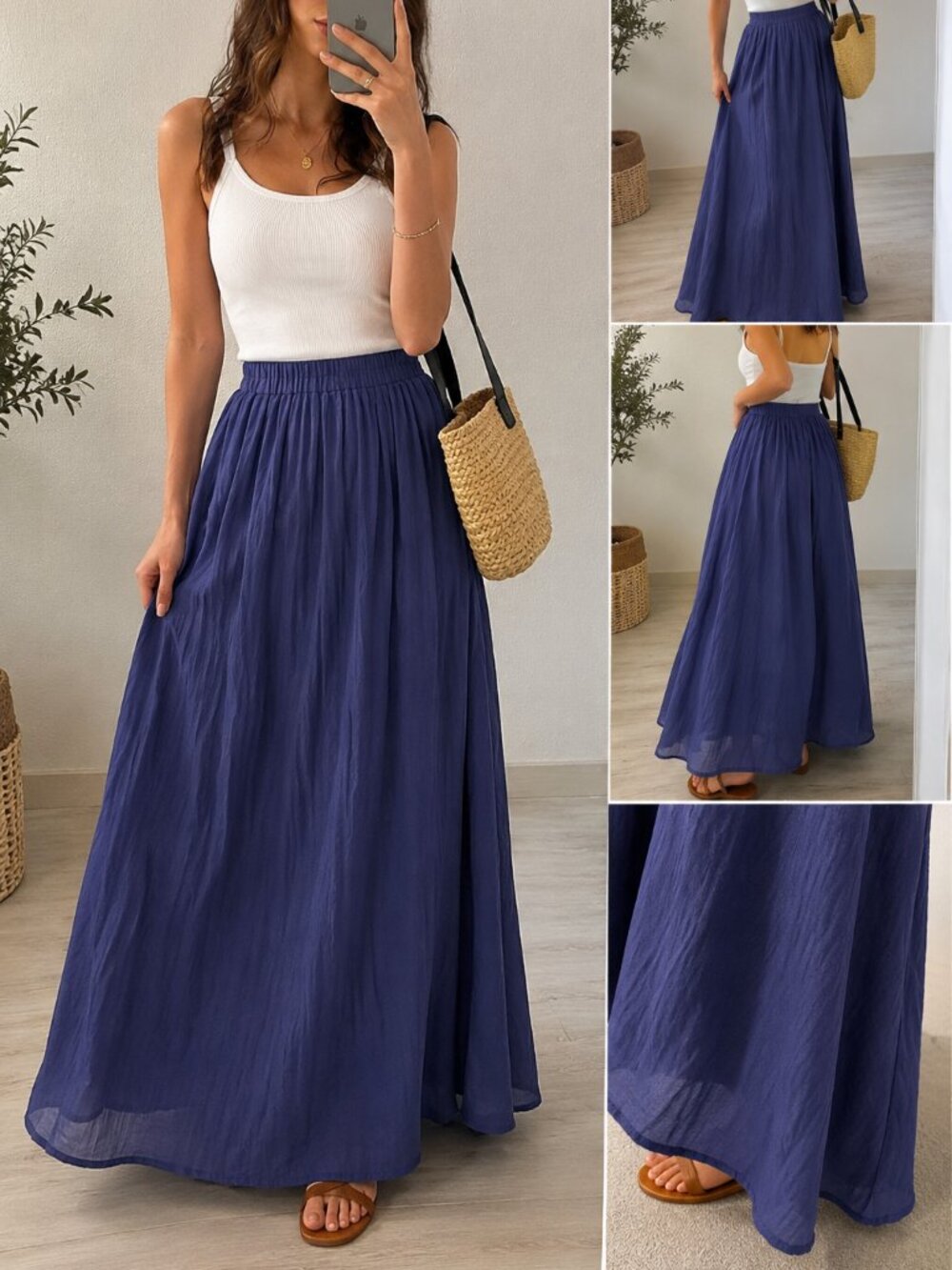 Blue Flowy Maxi Skirt Women Boho Cottagecore Elastic Waist New